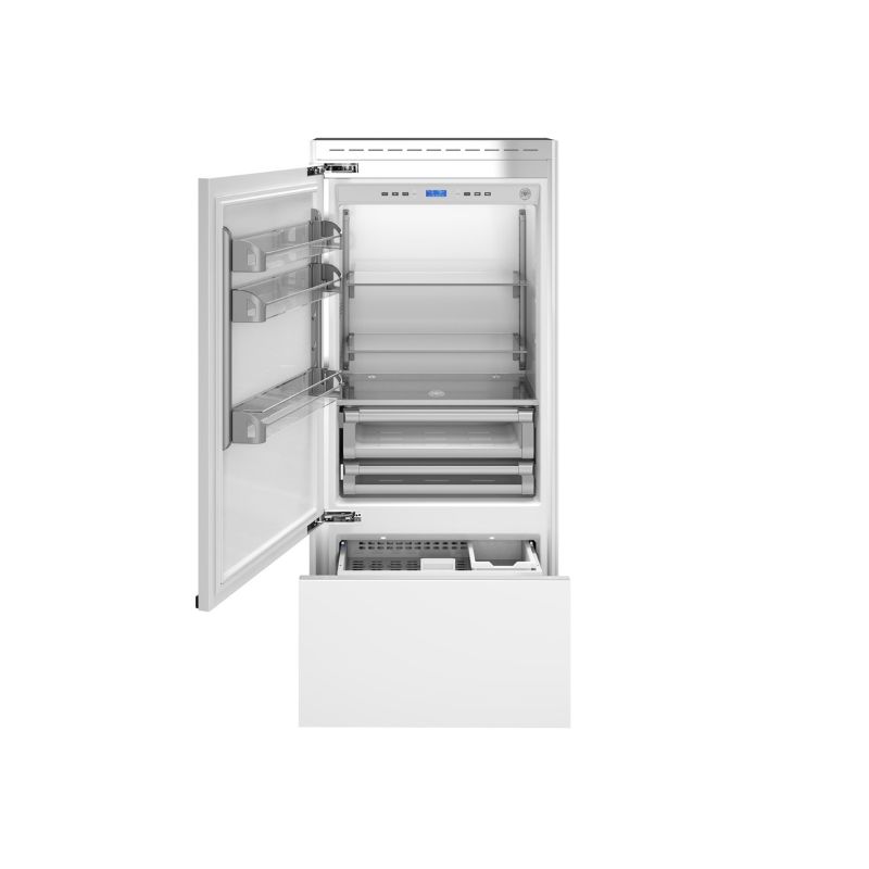 Refrigerador Bertazzoni REF90PRL Inox 90 cm, 596 litros, com portas para revestir e Ice Maker. Abert LE