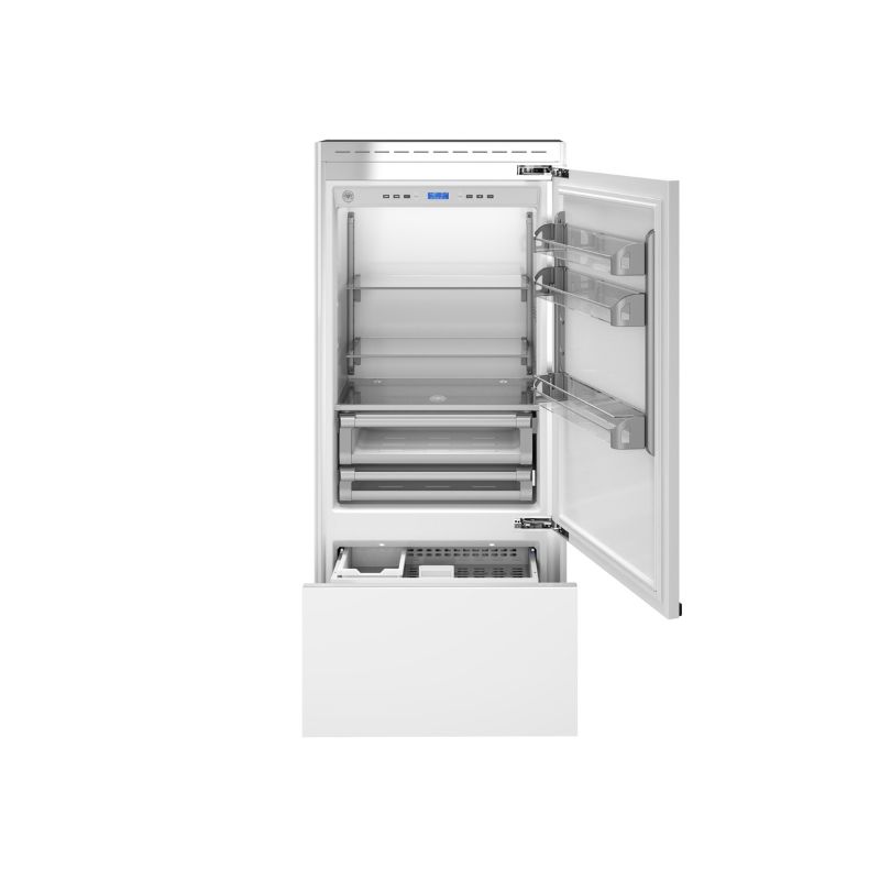 Refrigerador Bertazzoni REF90PRR Inox 90 cm, 596 litros, com portas para revestir e Ice Maker. Abert LD