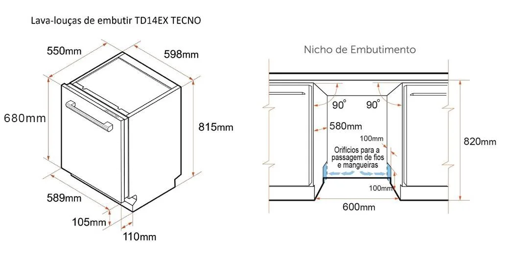 Lava louças de embutir com porta em inox escovado e puxador retangular em metal escovado TECNO Original TD14 EXDO