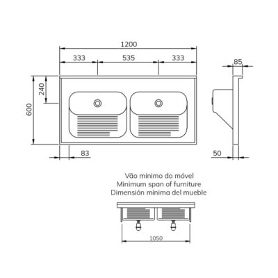 CT50 TD | Tampo Lavanderia com Área Rebaixada e Tanque Duplo - Escovado