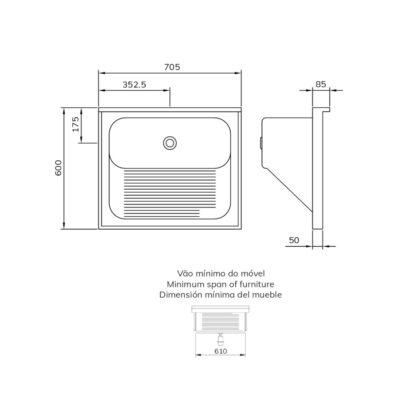 Tampo Lavanderia com Área Rebaixada e Tanque - Escovado